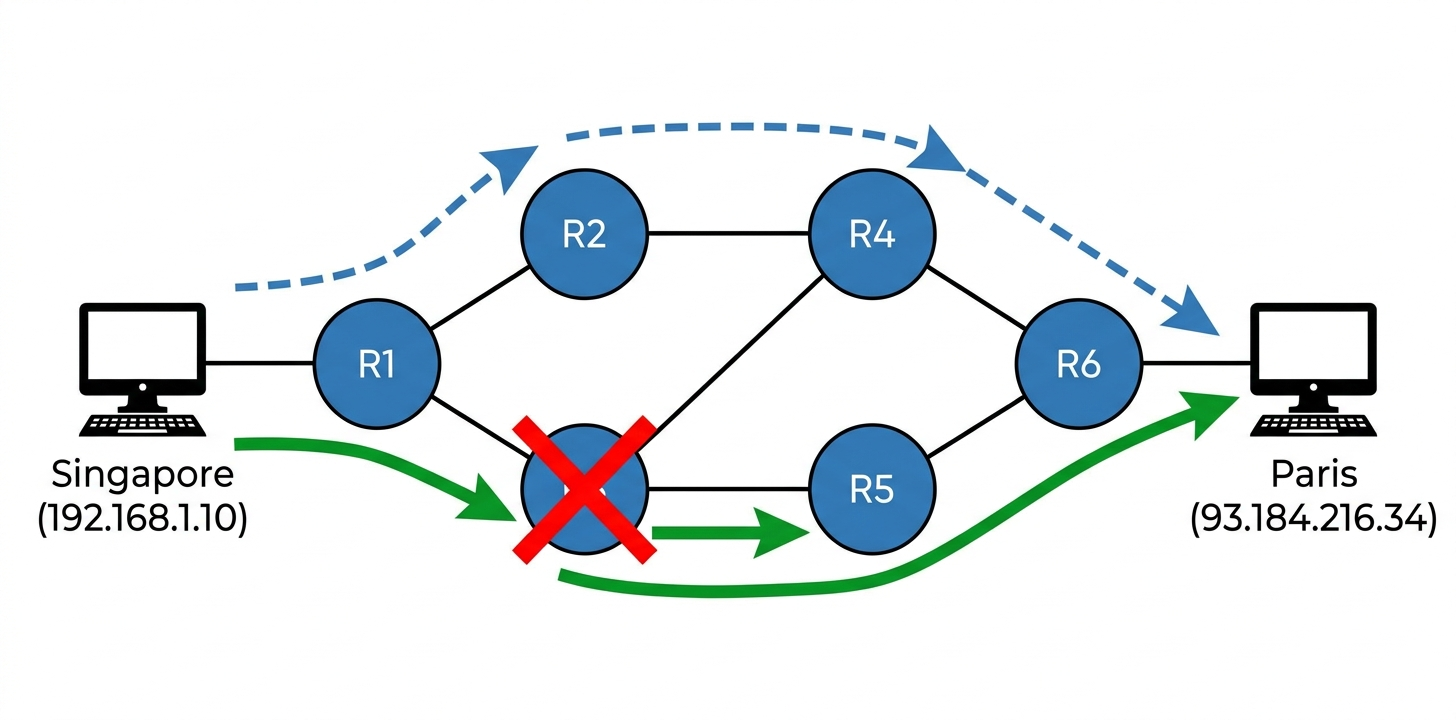 Schema reseau simplifie Singapore Paris avec panne routeur R3